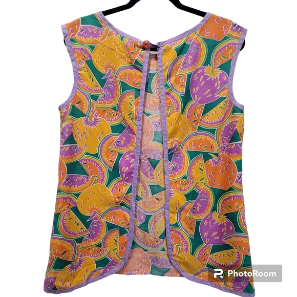 Vintage Handmade Large Purple Orange Apron Pockets Fruit Print Cottagecore - Picture 2 of 3